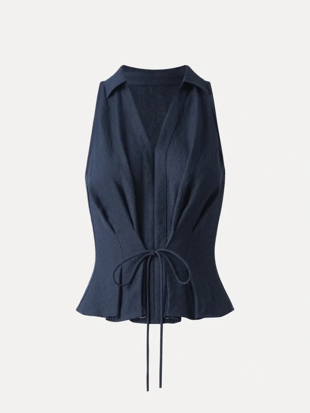 OGL Navy Collared V-neck Pleated Sleeveless Top with Drawstring Size Medium - Picture 3 of 3